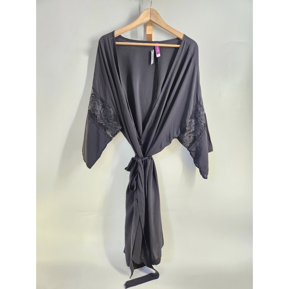 Adore Me Robe Women Large Jet Black Lace Trim Kimono Wrap Romantic Bridal